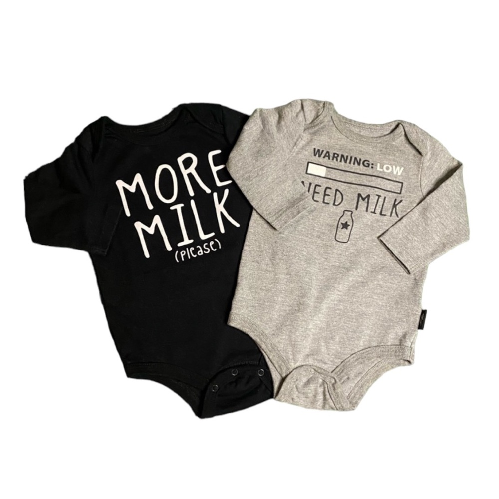 Mini Heroes More Milk Long Sleeve Grey Black Onesie Bodysuit Matching Set Bundle